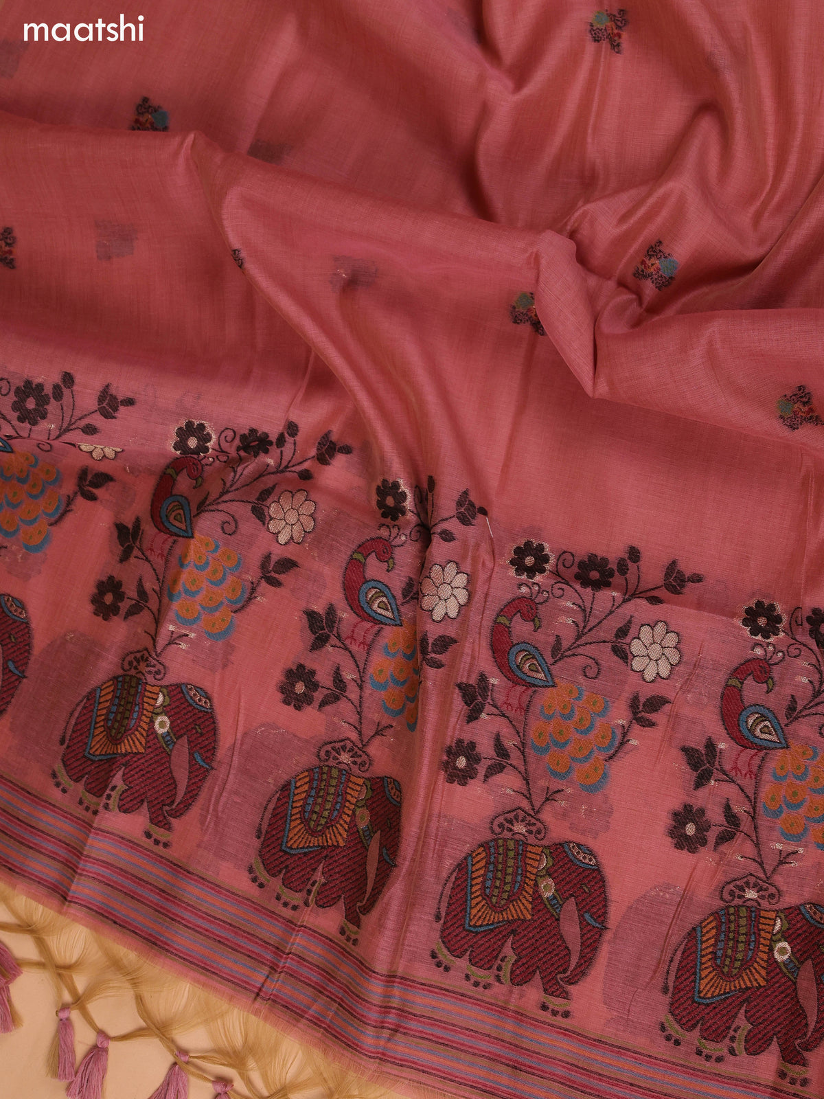 Dark Peach Munga Cotton Dress Material With Thread Weaves Neck Pattern and Bottom & Dupatta