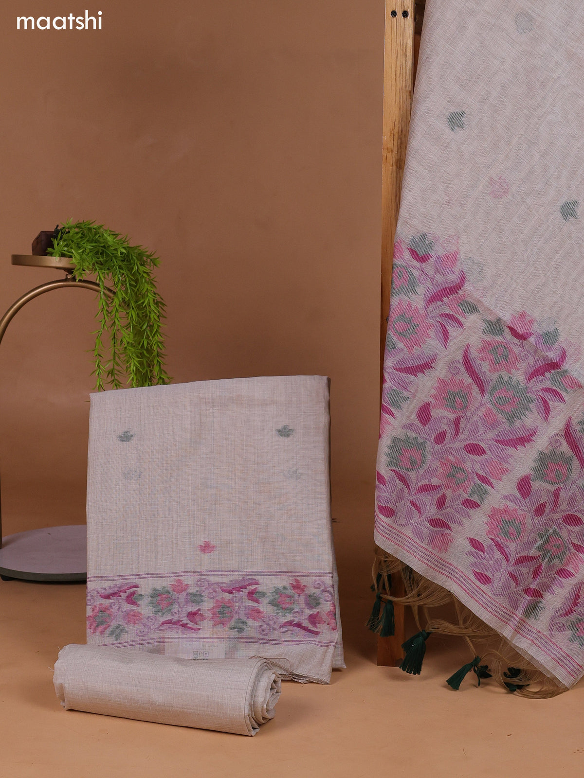 Beige and Green Munga Cotton Dress Material With Thread Weaves Border and Bottom & Dupatta