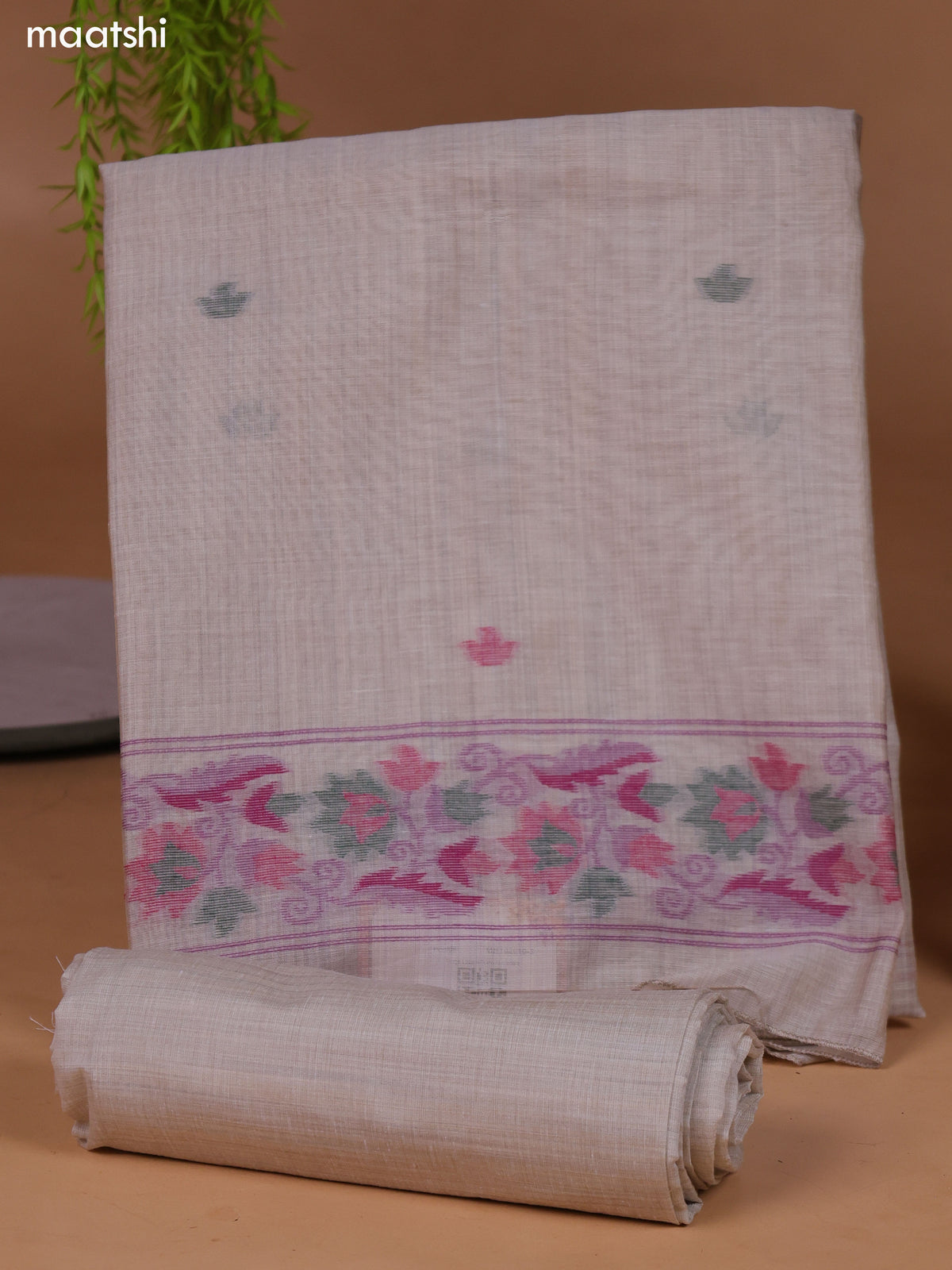 Beige and Green Munga Cotton Dress Material With Thread Weaves Border and Bottom & Dupatta