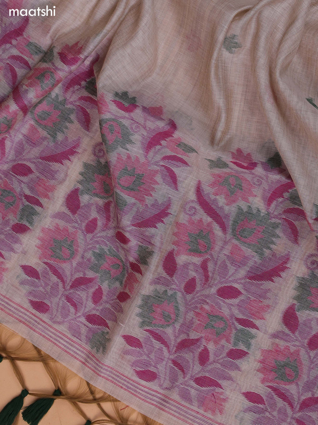 Beige and Green Munga Cotton Dress Material With Thread Weaves Border and Bottom & Dupatta