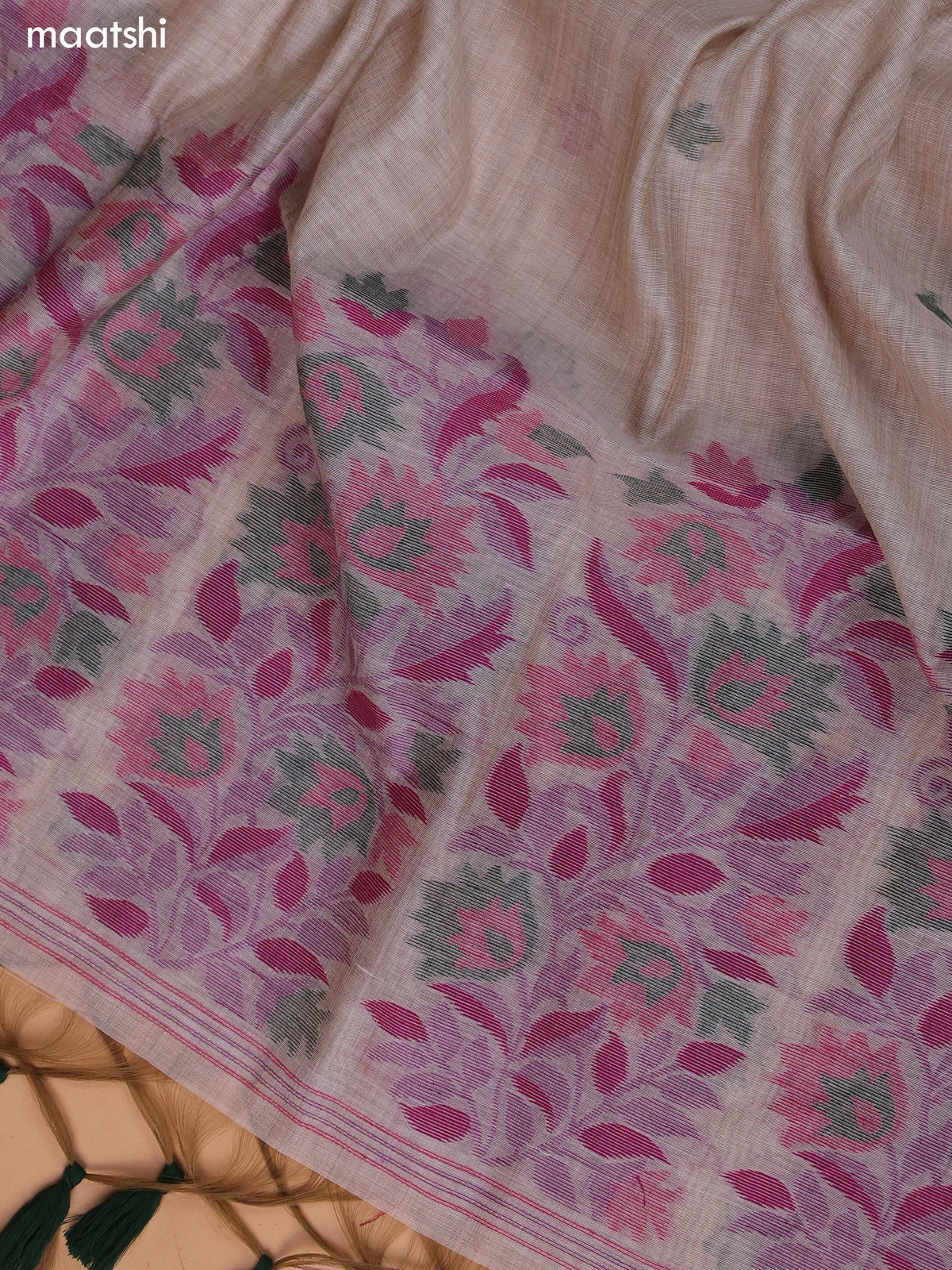 Beige and Green Munga Cotton Dress Material With Thread Weaves Border and Bottom & Dupatta