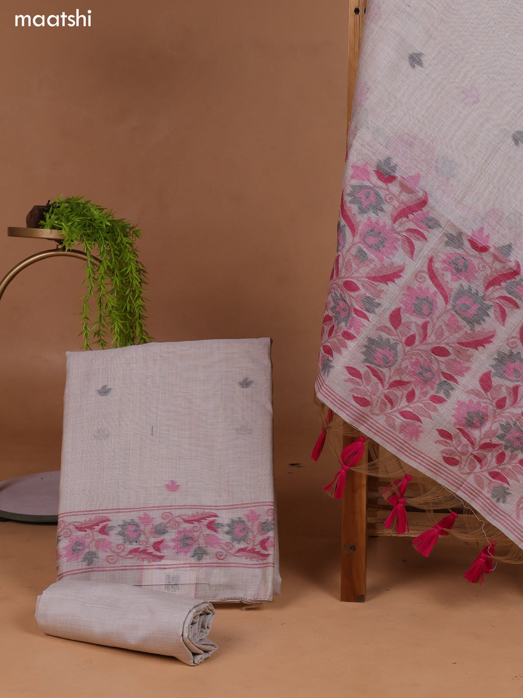 Beige and Magenta Pink Munga Cotton Dress Material With Thread Weaves Border and Bottom & Dupatta
