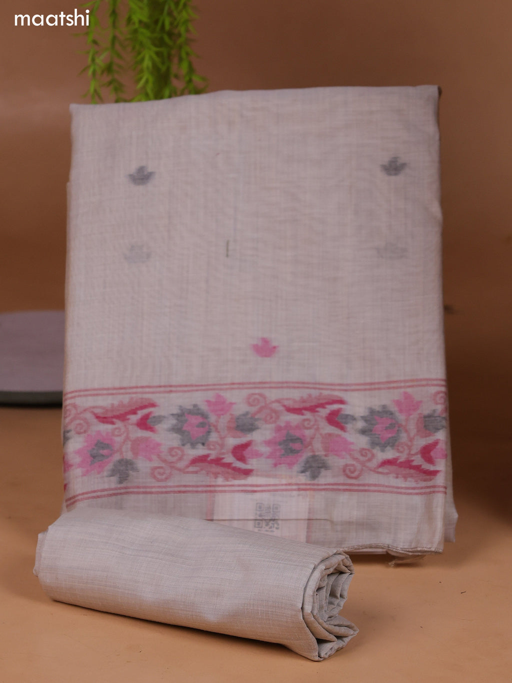 Beige and Magenta Pink Munga Cotton Dress Material With Thread Weaves Border and Bottom & Dupatta