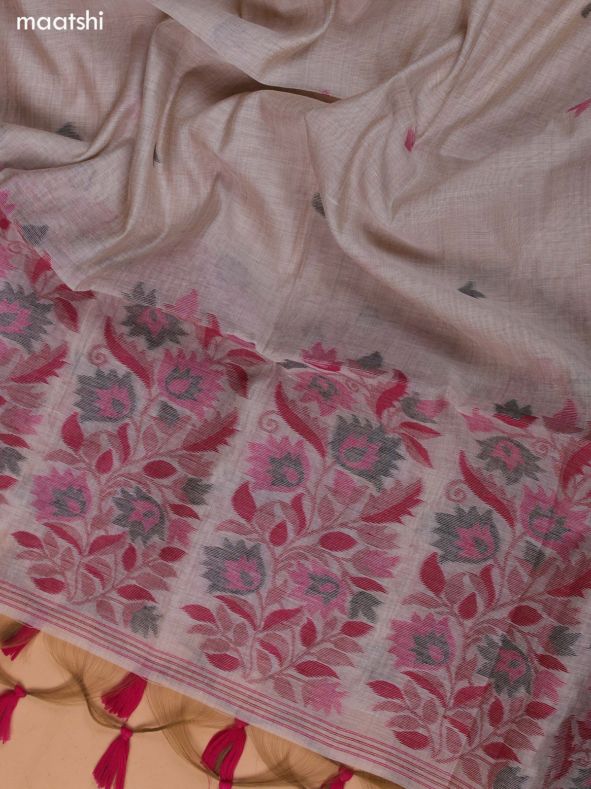 Beige and Magenta Pink Munga Cotton Dress Material With Thread Weaves Border and Bottom & Dupatta