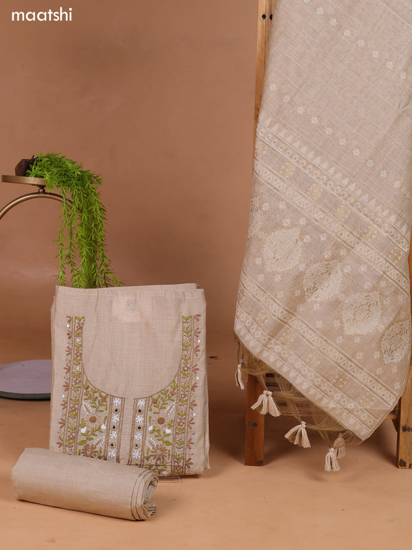 Beige Munga Cotton Dress Material With Kantha Stitch Work Neck Pattern and Bottom & Dupatta