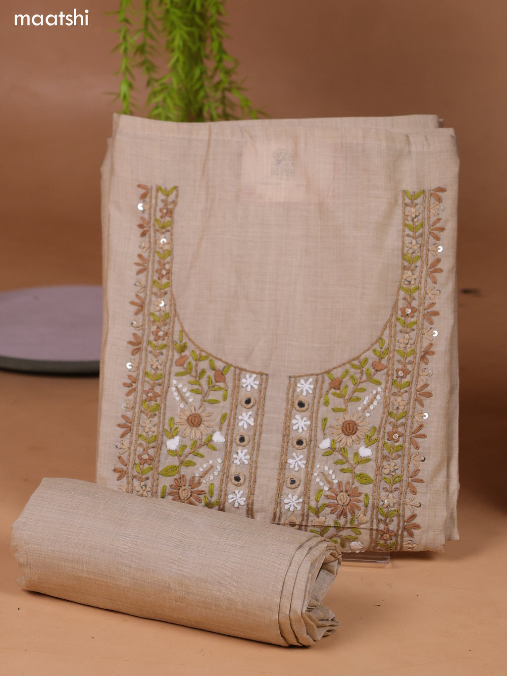 Beige Munga Cotton Dress Material With Kantha Stitch Work Neck Pattern and Bottom & Dupatta