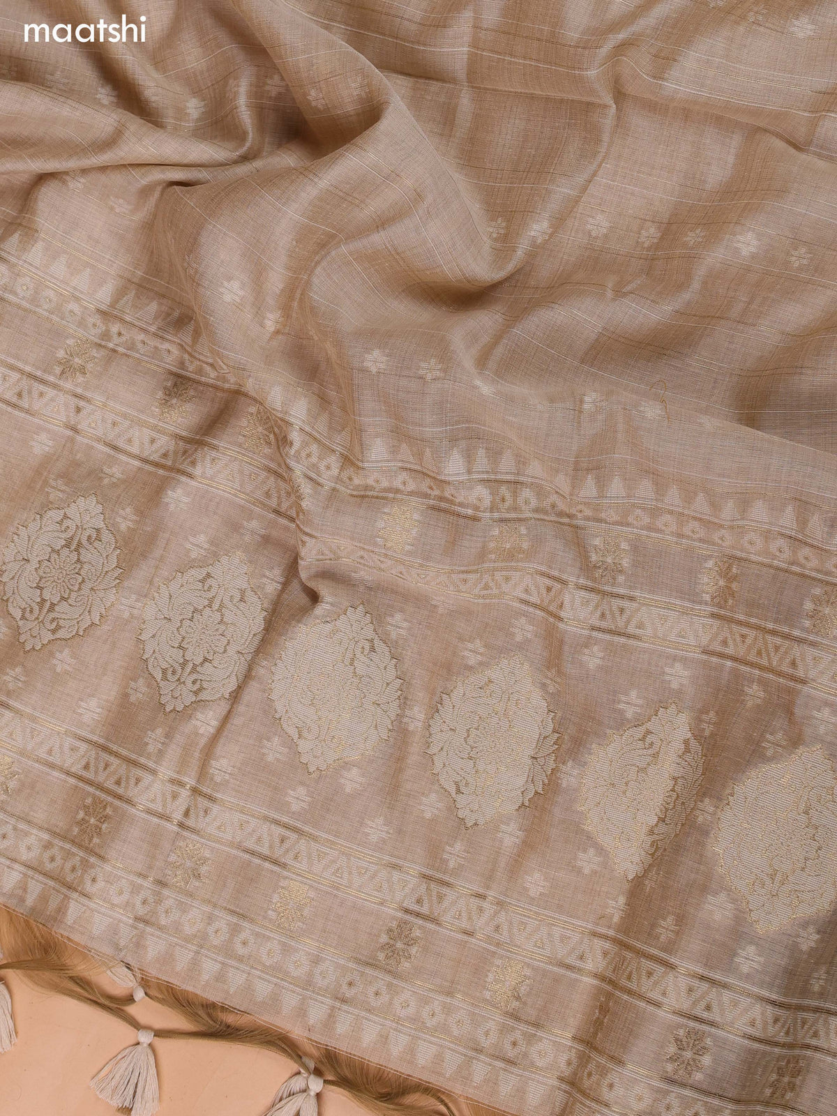 Beige Munga Cotton Dress Material With Kantha Stitch Work Neck Pattern and Bottom & Dupatta