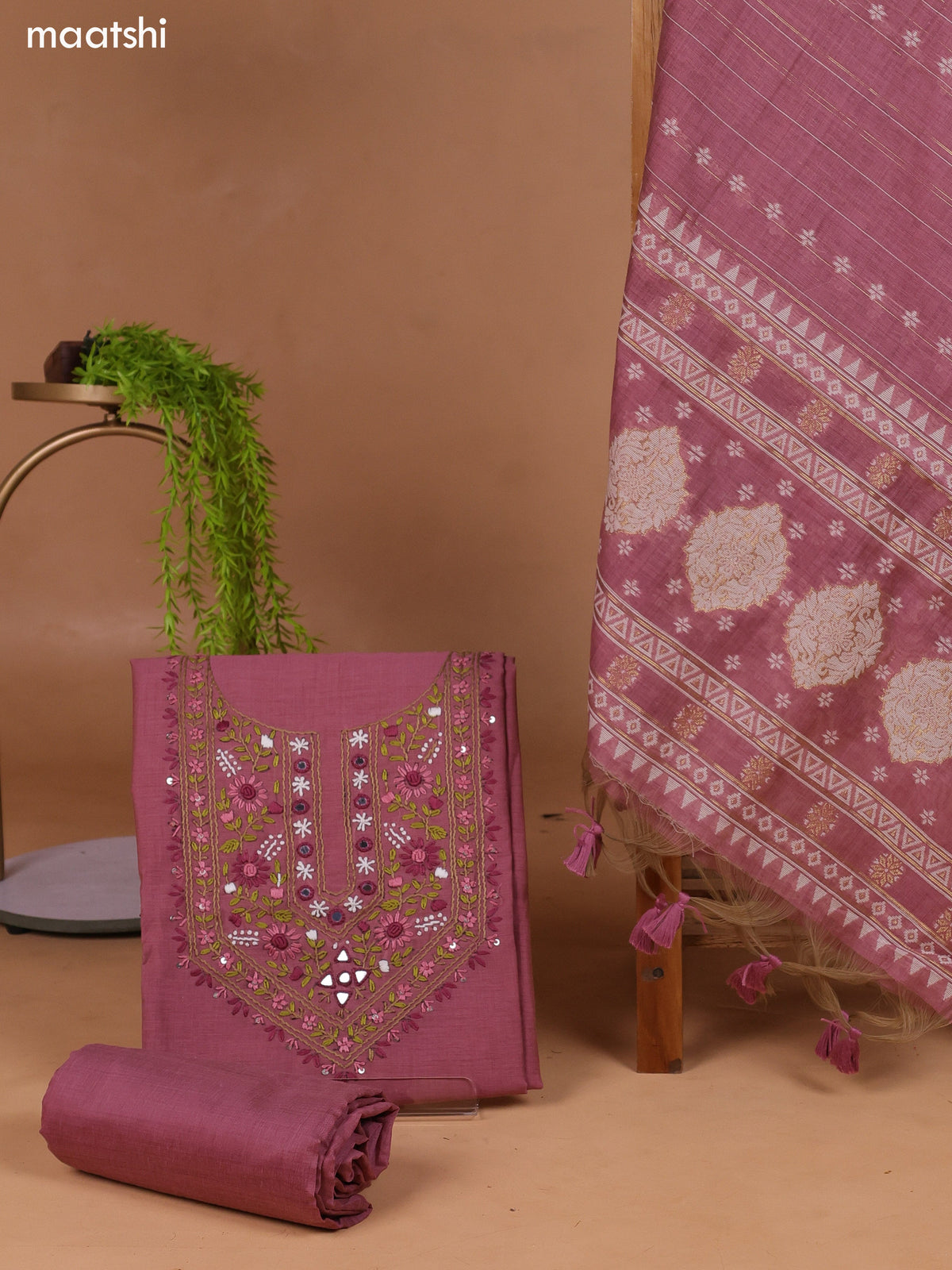 Mauve Pink Munga Cotton Dress Material With Kantha Stitch Work Neck Pattern and Bottom & Dupatta