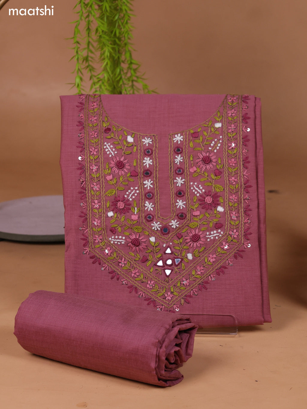 Mauve Pink Munga Cotton Dress Material With Kantha Stitch Work Neck Pattern and Bottom & Dupatta