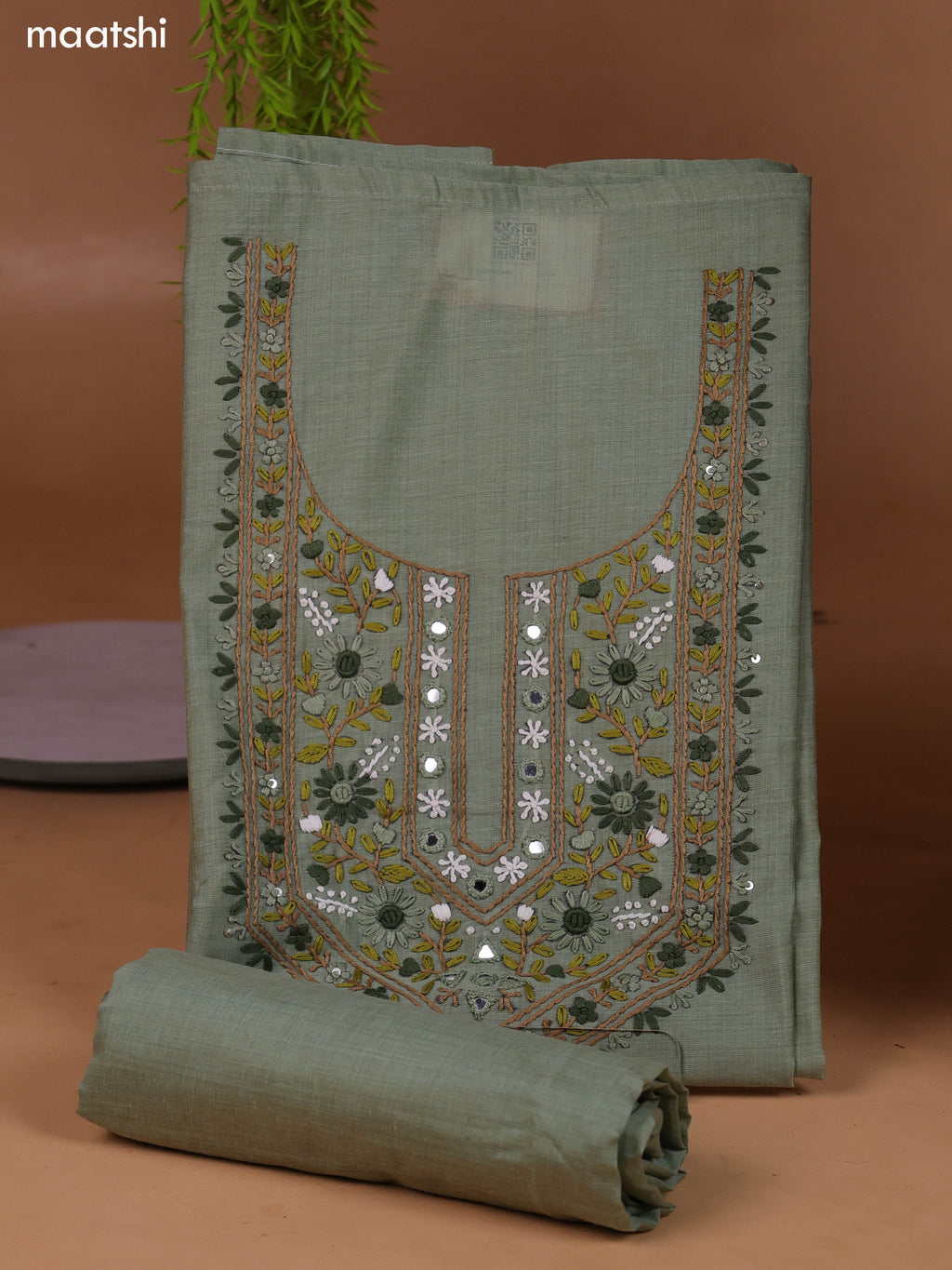 Pastel Green Munga Cotton Dress Material With Kantha Stitch Work Neck Pattern and Bottom & Dupatta