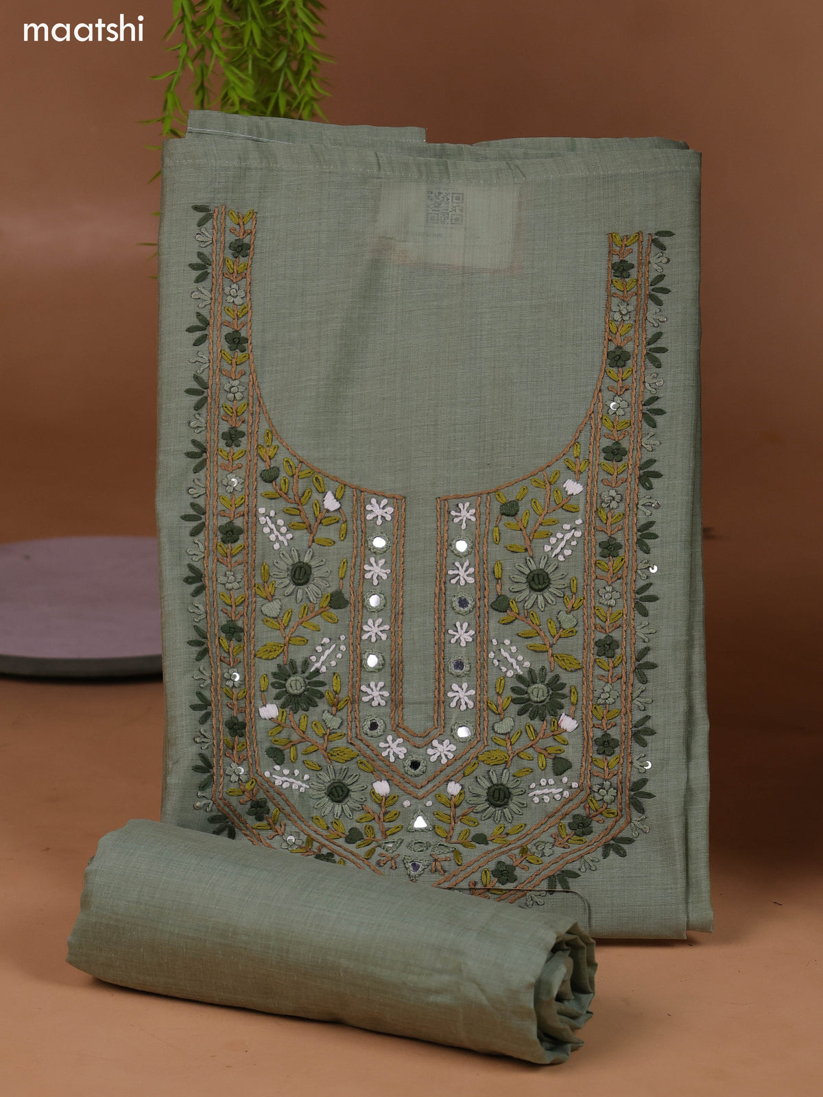 Pastel Green Munga Cotton Dress Material With Kantha Stitch Work Neck Pattern and Bottom & Dupatta