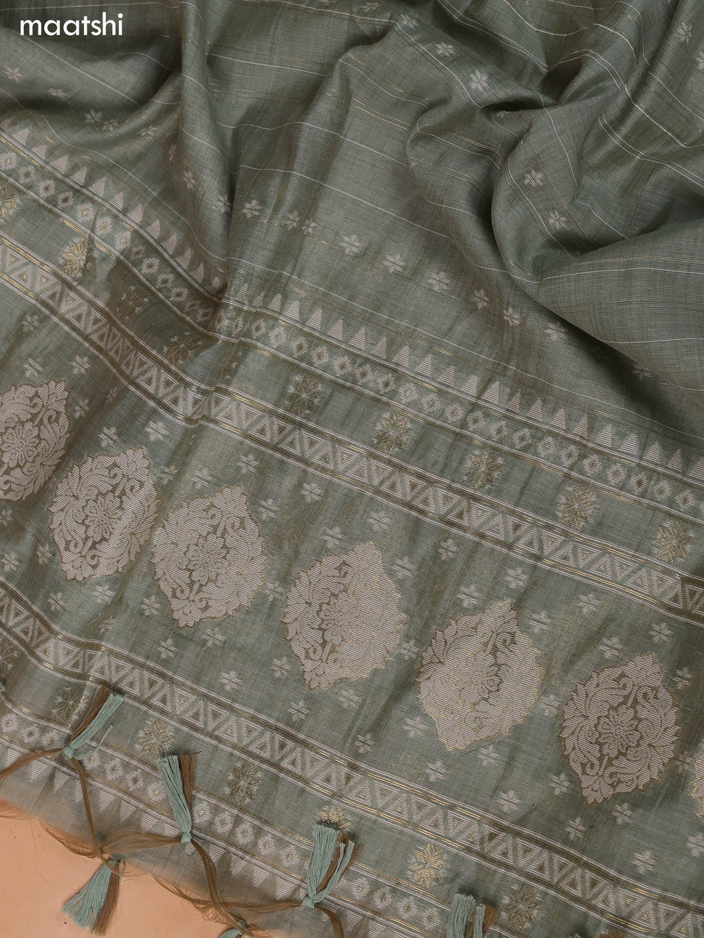 Pastel Green Munga Cotton Dress Material With Kantha Stitch Work Neck Pattern and Bottom & Dupatta