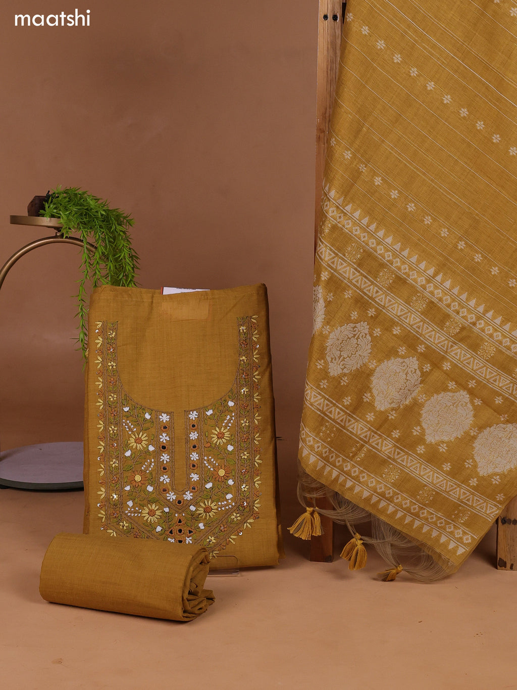 Mustard Munga Cotton Dress Material With Kantha Stitch Work Neck Pattern and Bottom & Dupatta