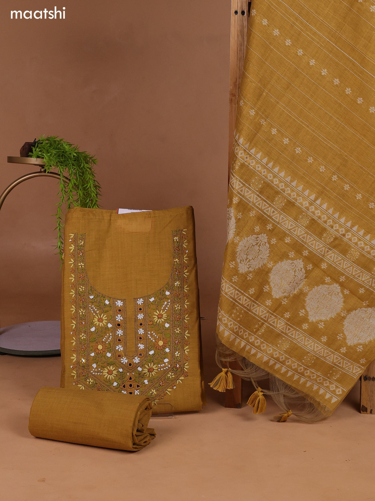 Mustard Munga Cotton Dress Material With Kantha Stitch Work Neck Pattern and Bottom & Dupatta