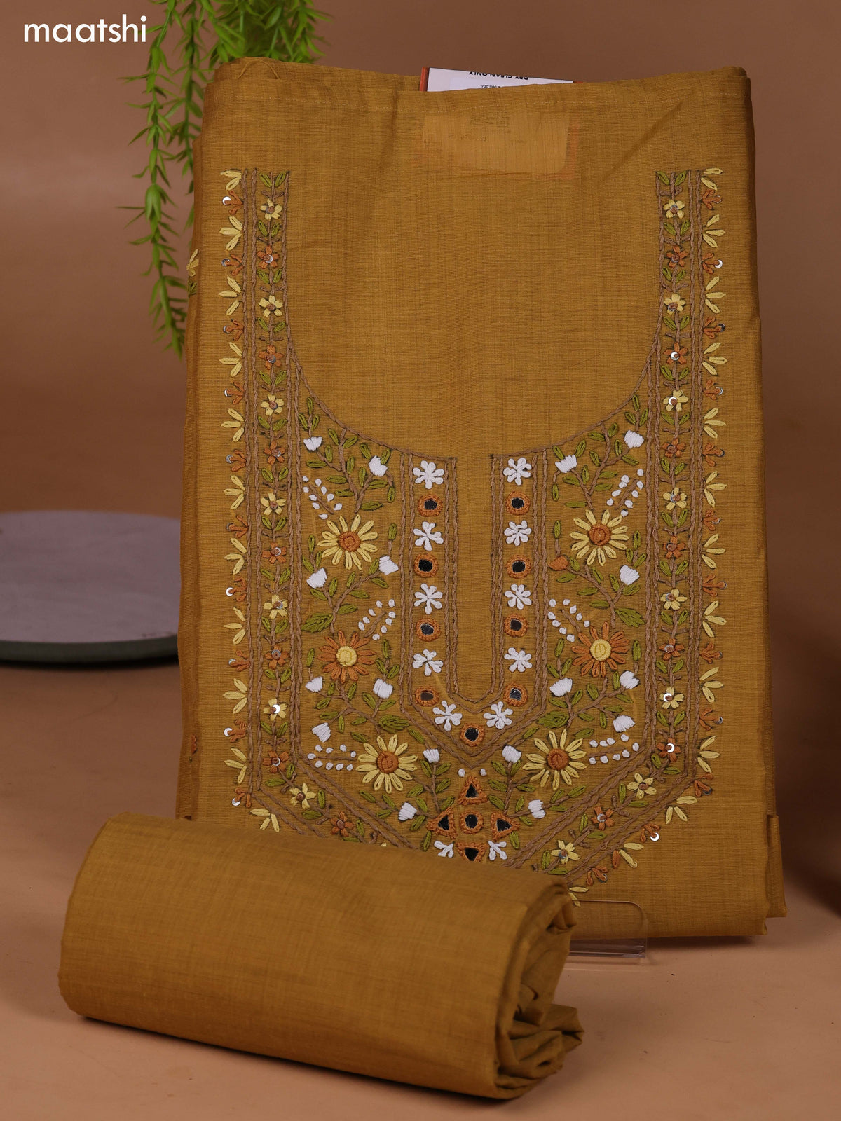 Mustard Munga Cotton Dress Material With Kantha Stitch Work Neck Pattern and Bottom & Dupatta