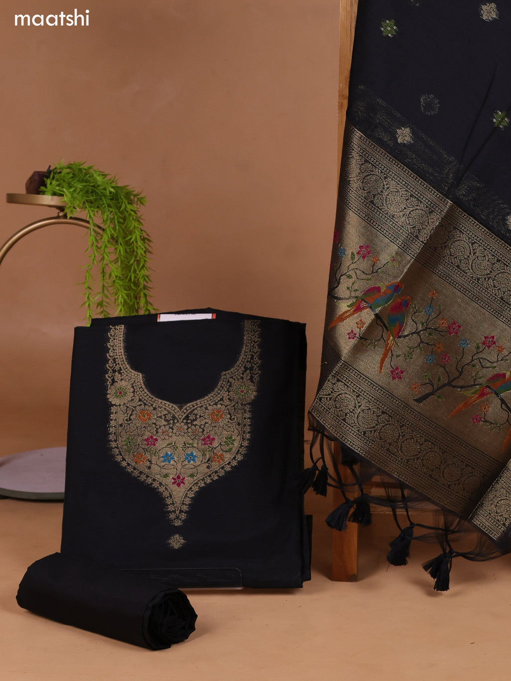 Black Munga Cotton Dress Material With Thread & Zari Weaves Neck Pattern and Bottom & Dupatta