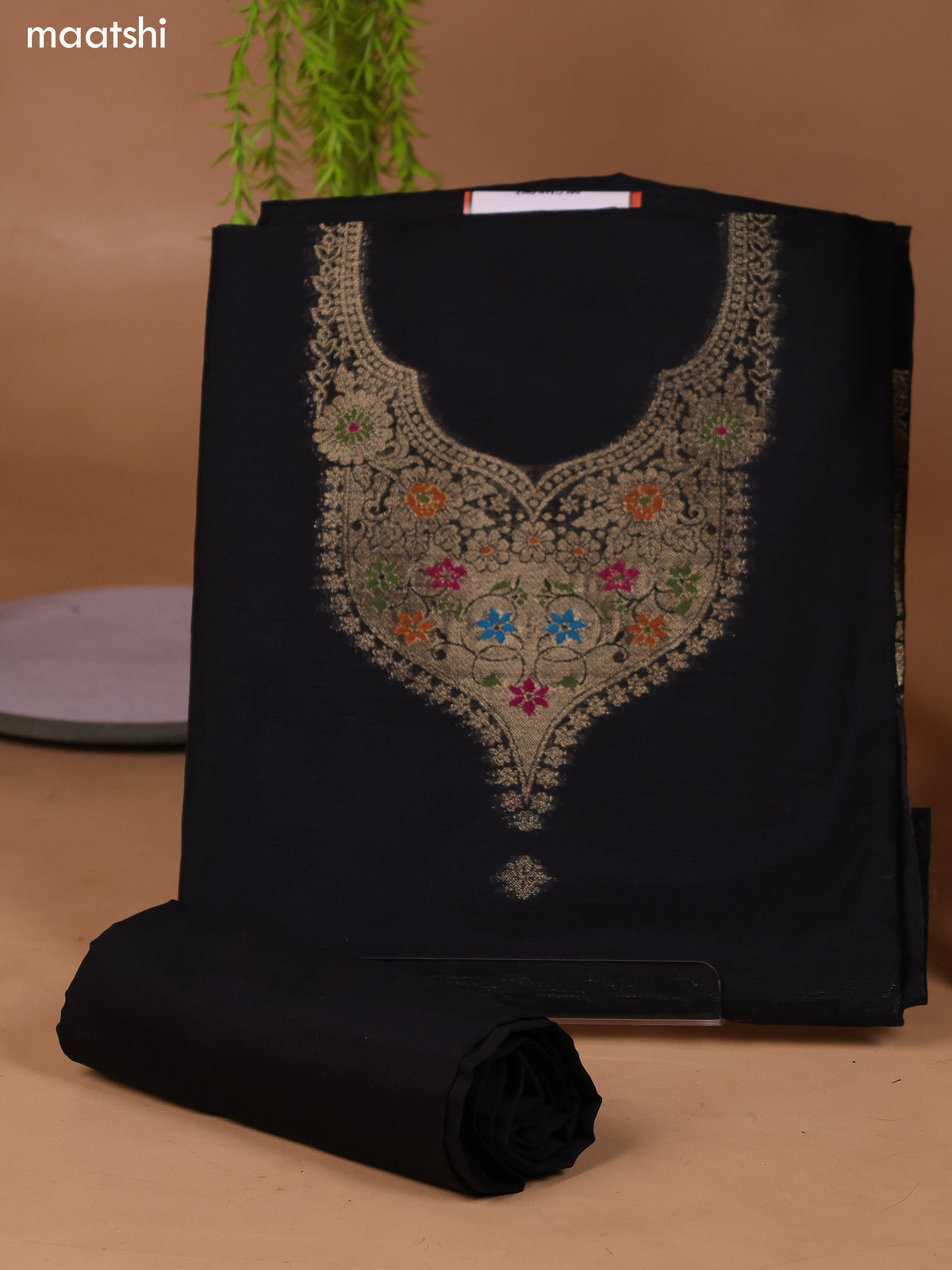 Black Munga Cotton Dress Material With Thread & Zari Weaves Neck Pattern and Bottom & Dupatta