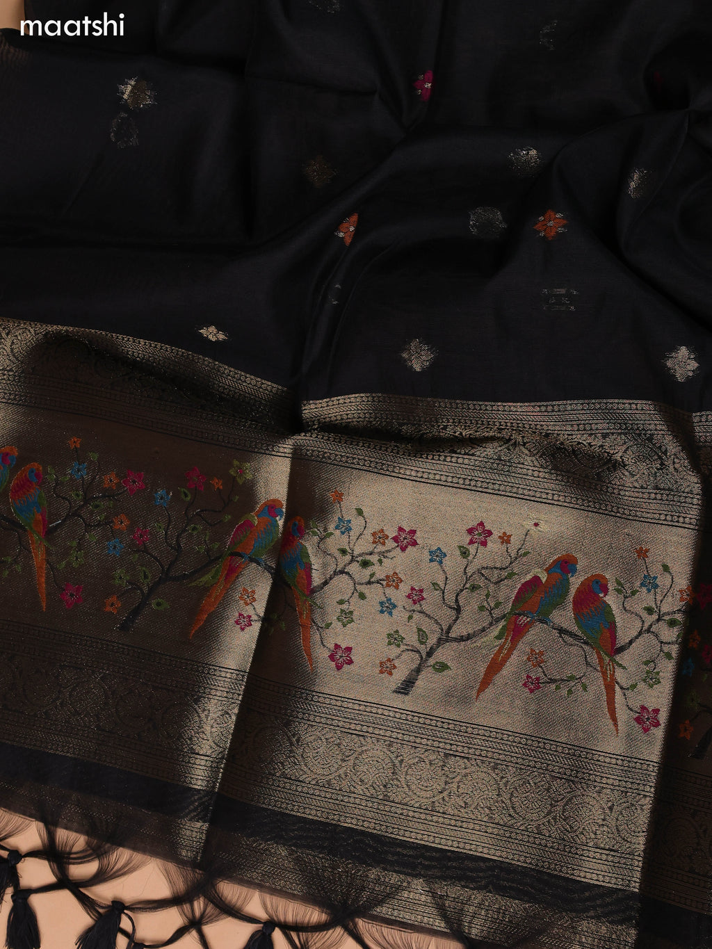 Black Munga Cotton Dress Material With Thread & Zari Weaves Neck Pattern and Bottom & Dupatta