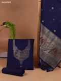 Dark Blue Munga Cotton Dress Material With Thread & Zari Weaves Neck Pattern and Bottom & Dupatta