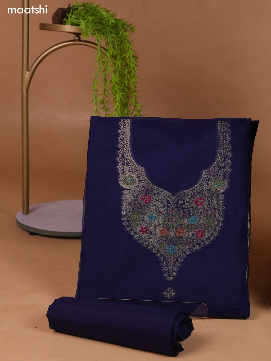Dark Blue Munga Cotton Dress Material With Thread & Zari Weaves Neck Pattern and Bottom & Dupatta