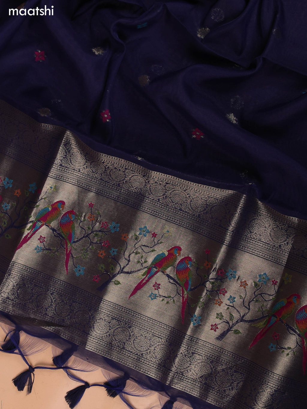 Dark Blue Munga Cotton Dress Material With Thread & Zari Weaves Neck Pattern and Bottom & Dupatta
