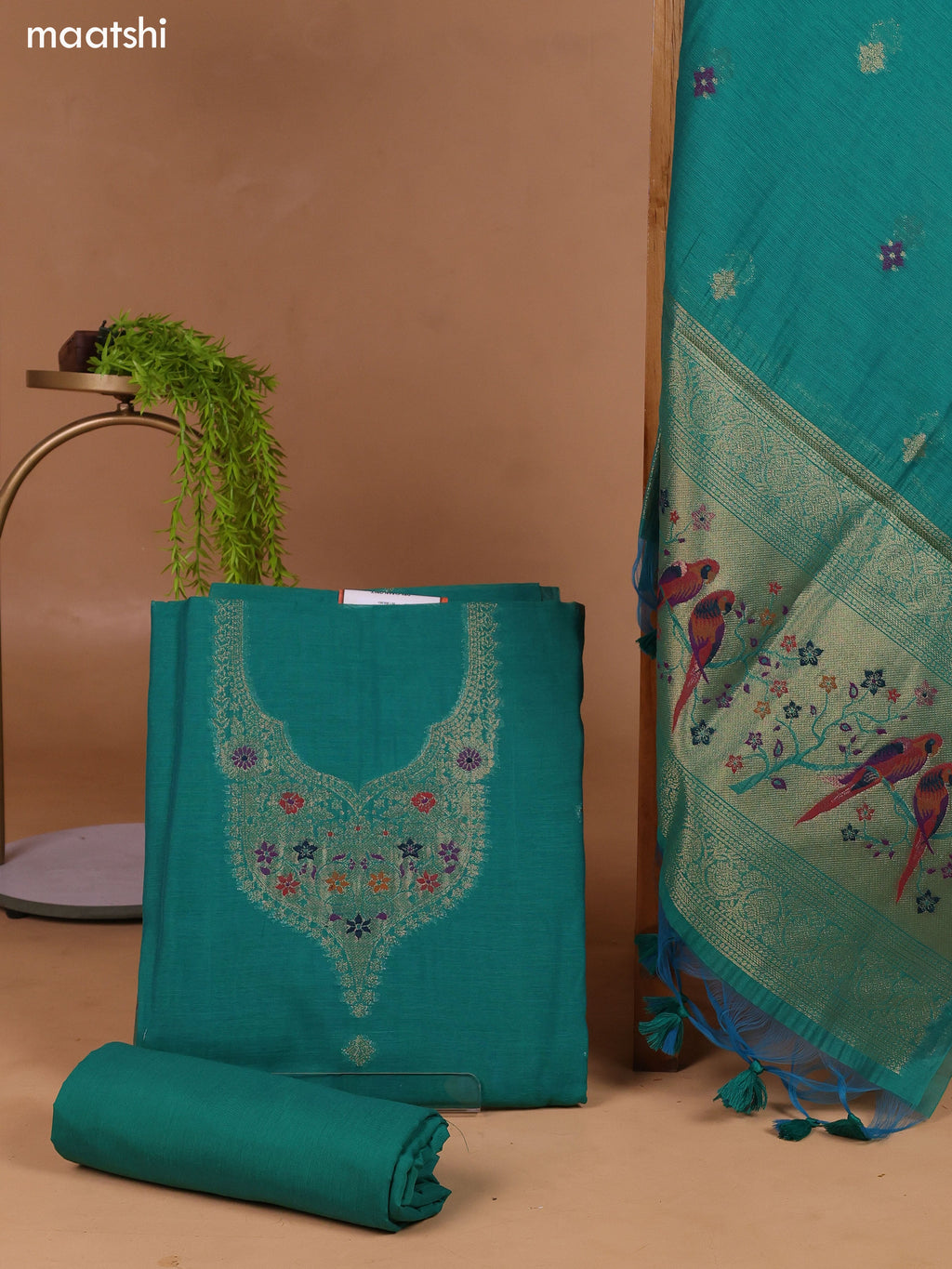 Green Munga Cotton Dress Material With Thread & Zari Weaves Neck Pattern and Bottom & Dupatta