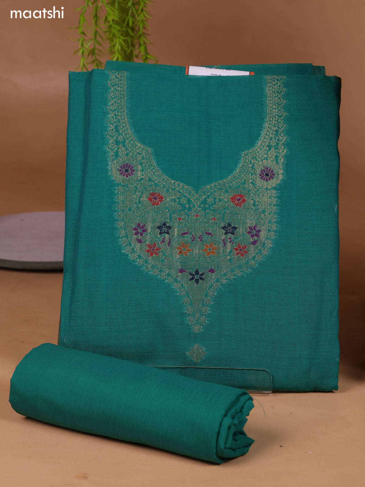 Green Munga Cotton Dress Material With Thread & Zari Weaves Neck Pattern and Bottom & Dupatta