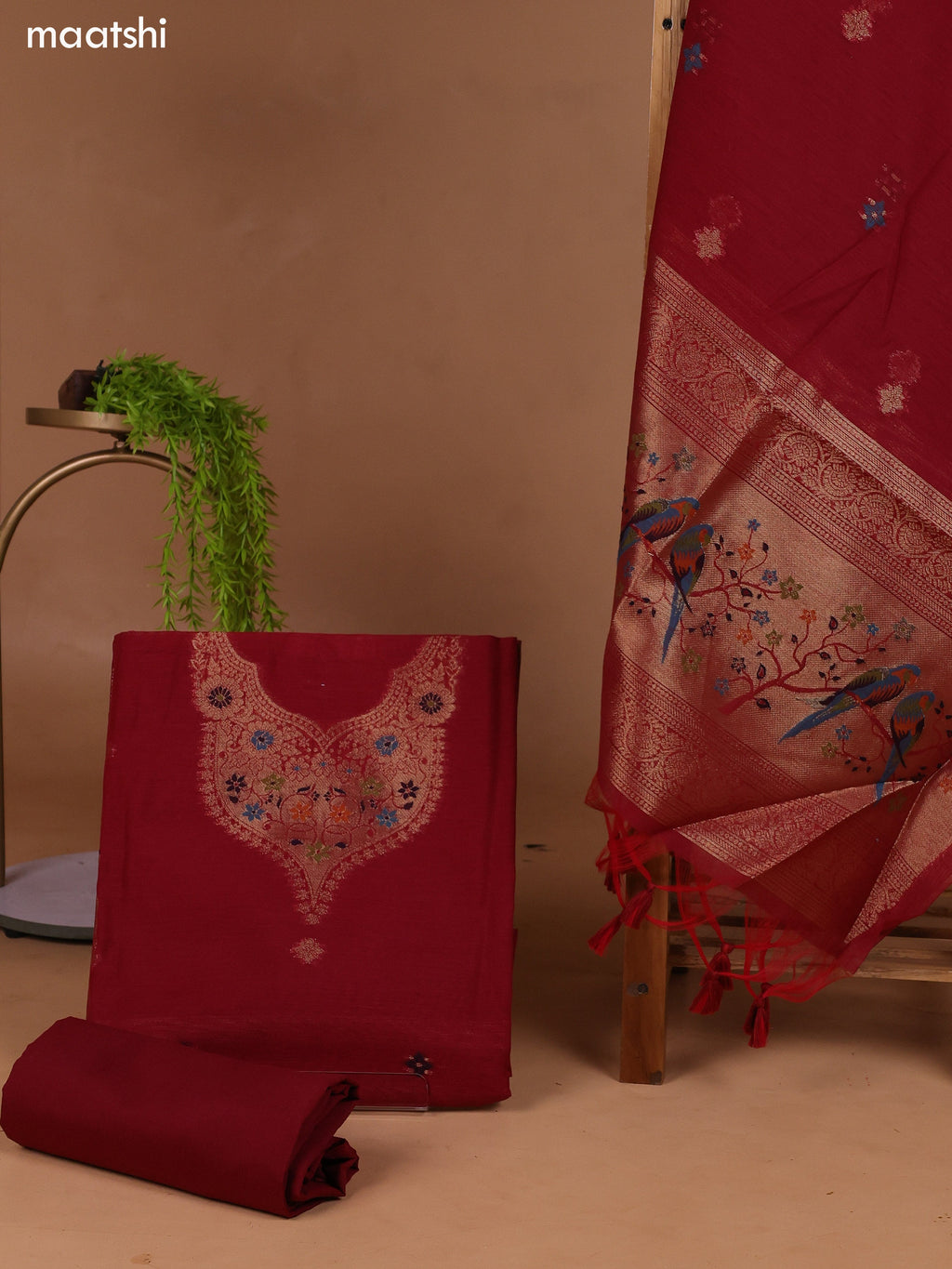 Maroon Munga Cotton Dress Material With Thread & Zari Weaves Neck Pattern and Bottom & Dupatta