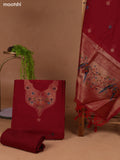 Maroon Munga Cotton Dress Material With Thread & Zari Weaves Neck Pattern and Bottom & Dupatta