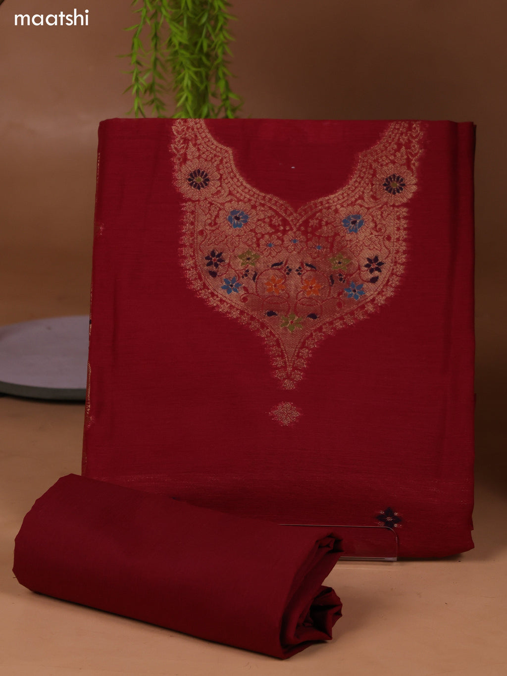 Maroon Munga Cotton Dress Material With Thread & Zari Weaves Neck Pattern and Bottom & Dupatta