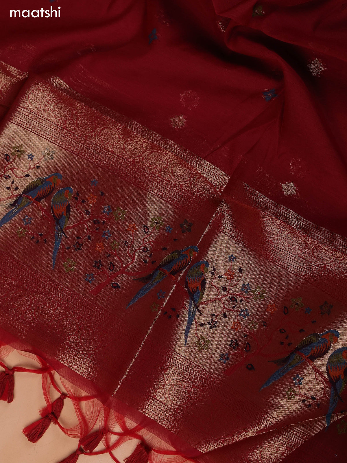 Maroon Munga Cotton Dress Material With Thread & Zari Weaves Neck Pattern and Bottom & Dupatta