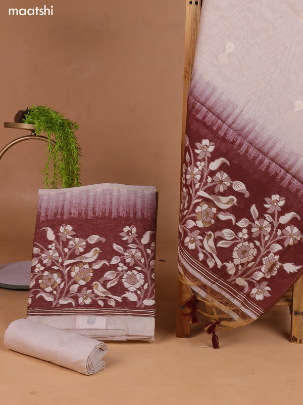 Beige and Pastel Brown Munga Cotton Dress Material With Thread & Zari Woven Border and Bottom & Dupatta