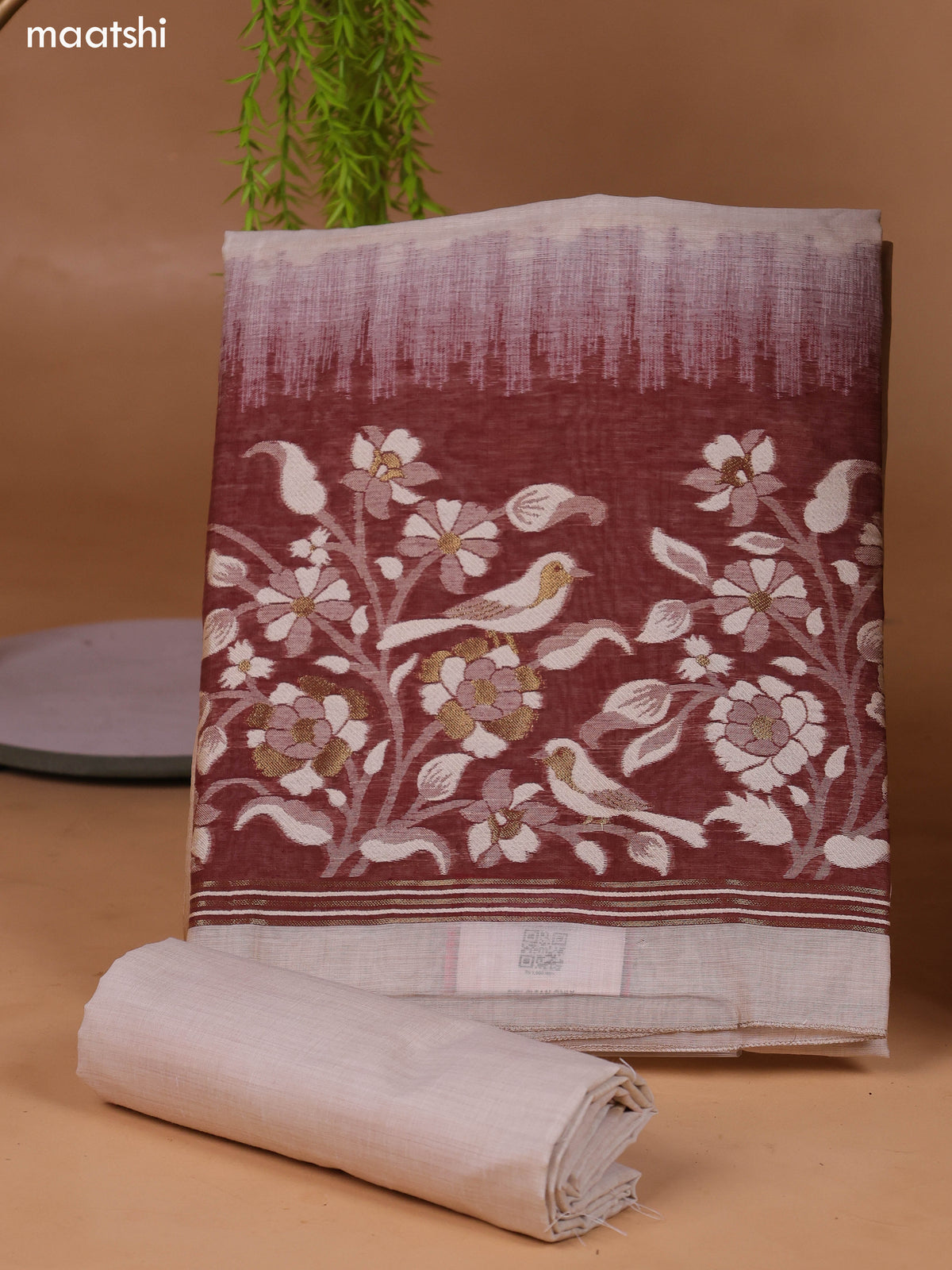 Beige and Pastel Brown Munga Cotton Dress Material With Thread & Zari Woven Border and Bottom & Dupatta