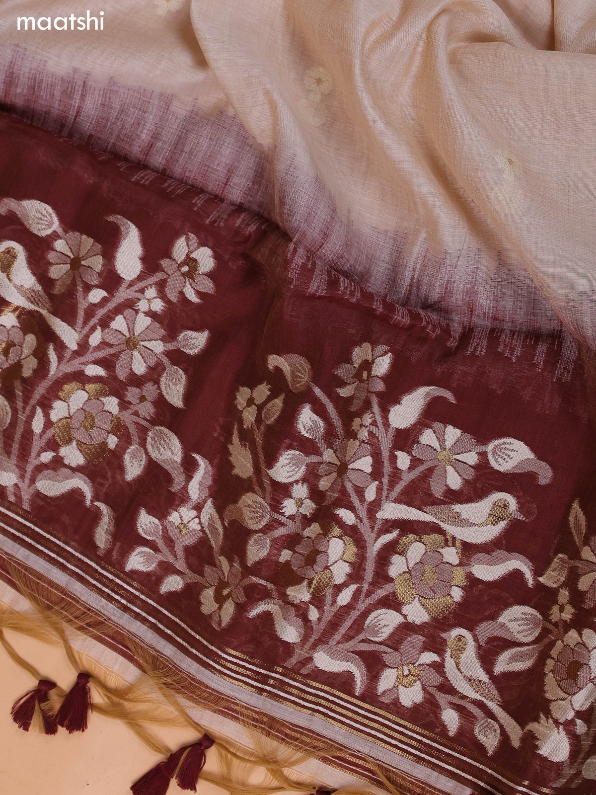 Beige and Pastel Brown Munga Cotton Dress Material With Thread & Zari Woven Border and Bottom & Dupatta