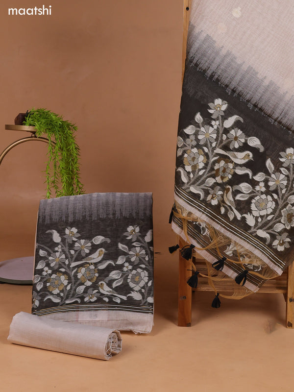 Beige and Black Munga Cotton Dress Material With Thread & Zari Woven Border and Bottom & Dupatta