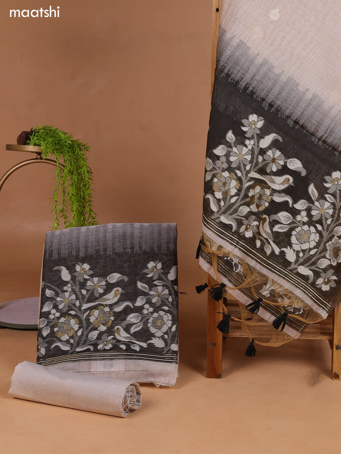 Beige and Black Munga Cotton Dress Material With Thread & Zari Woven Border and Bottom & Dupatta