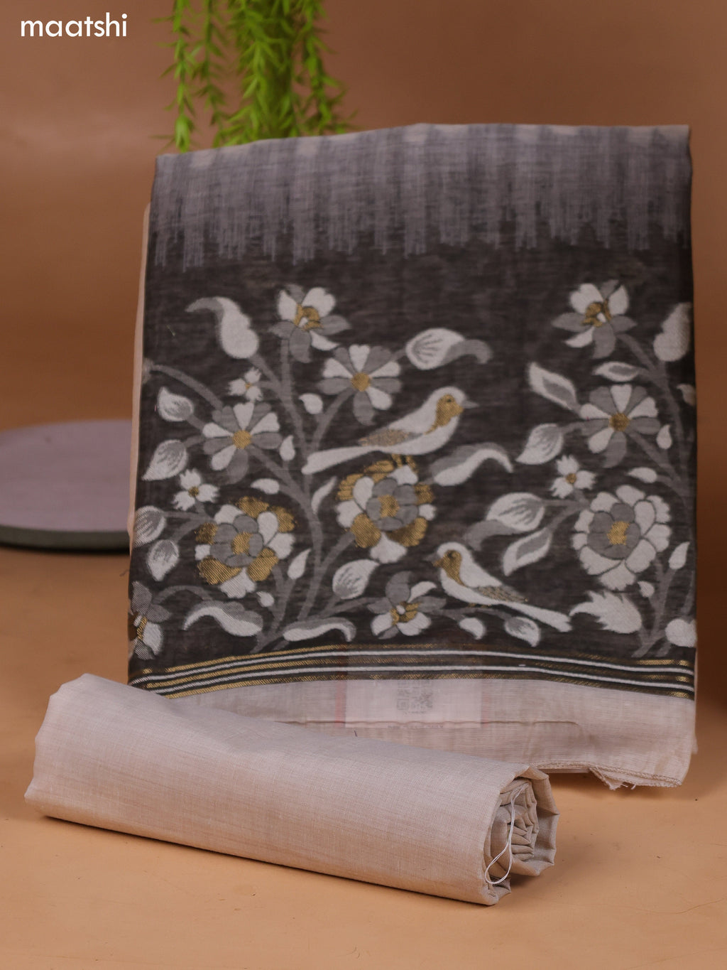 Beige and Black Munga Cotton Dress Material With Thread & Zari Woven Border and Bottom & Dupatta