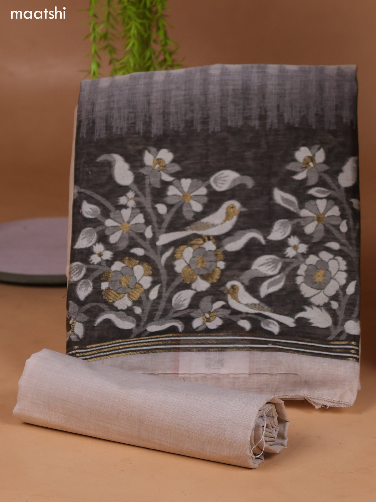 Beige and Black Munga Cotton Dress Material With Thread & Zari Woven Border and Bottom & Dupatta