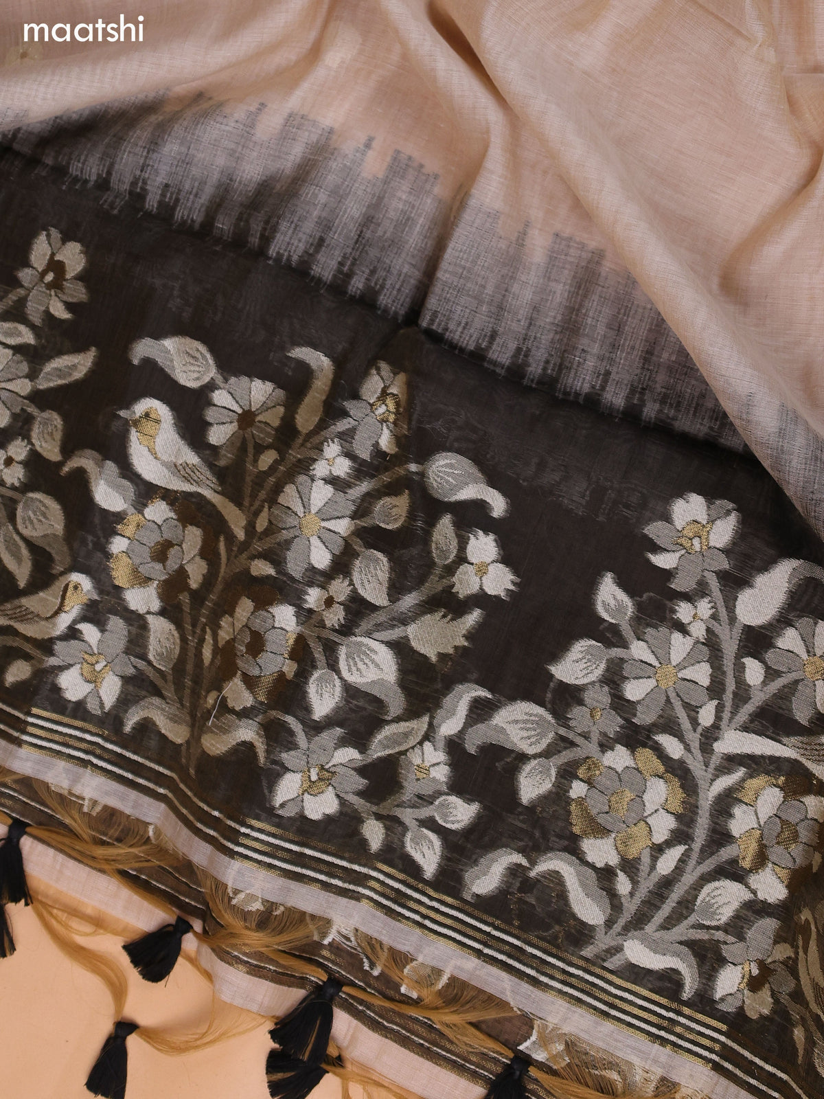 Beige and Black Munga Cotton Dress Material With Thread & Zari Woven Border and Bottom & Dupatta
