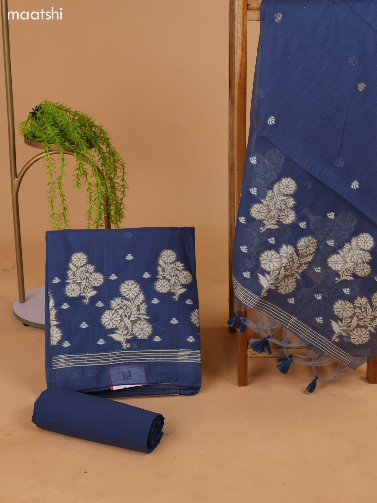 Blue Munga Cotton Dress Material With Thread & Zari Weaves Border and Bottom & Dupatta