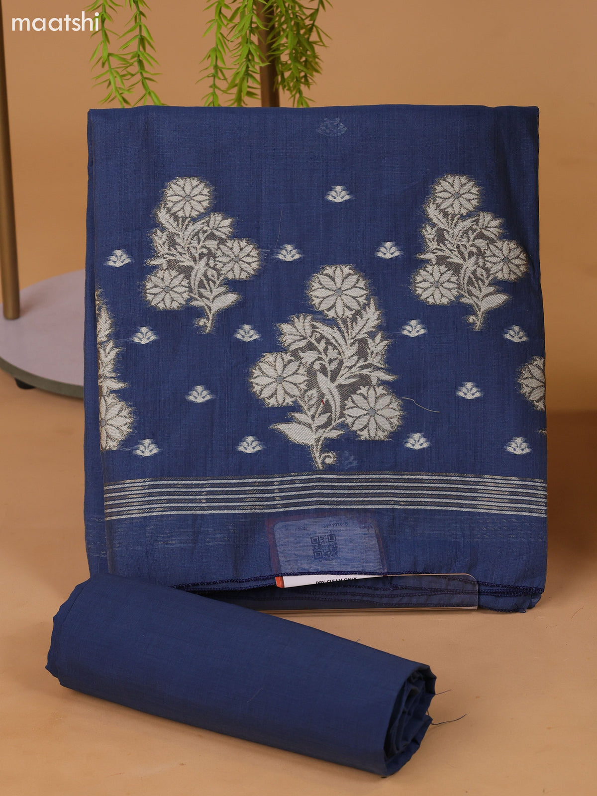 Blue Munga Cotton Dress Material With Thread & Zari Weaves Border and Bottom & Dupatta