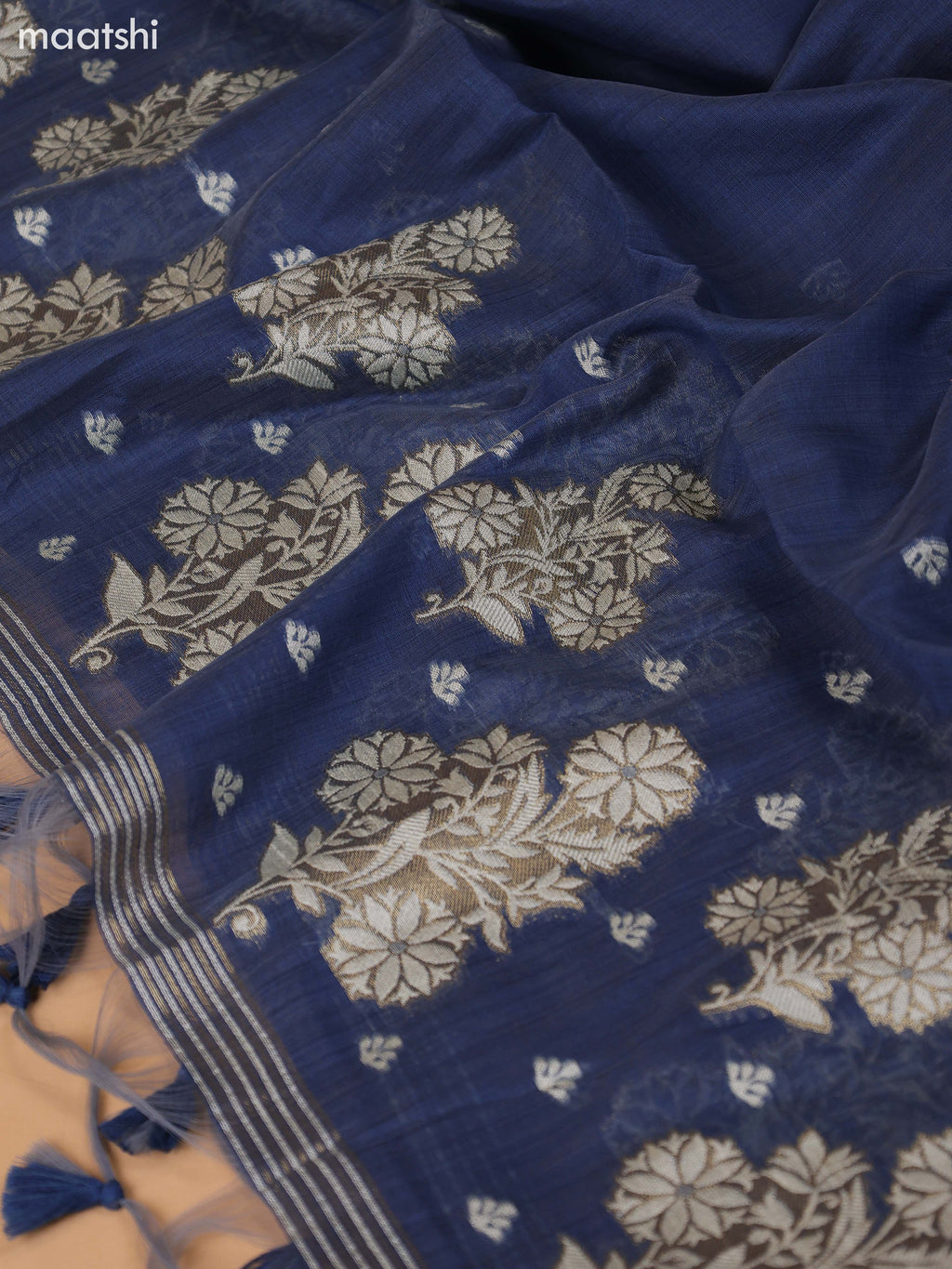 Blue Munga Cotton Dress Material With Thread & Zari Weaves Border and Bottom & Dupatta