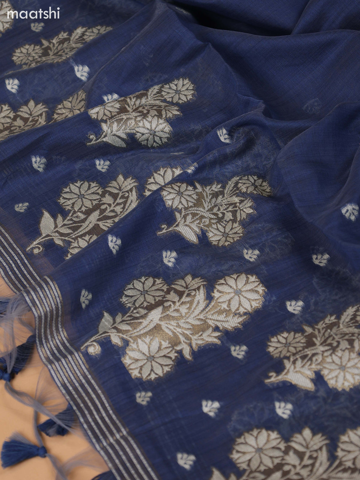 Blue Munga Cotton Dress Material With Thread & Zari Weaves Border and Bottom & Dupatta