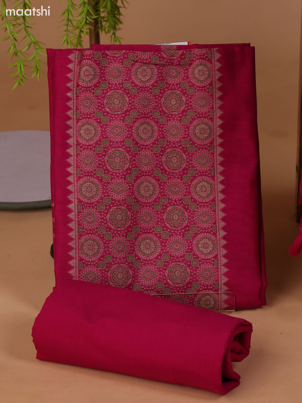 Magenta Pink Munga Cotton Dress Material With Thread & Zari Weaves Neck Pattern and Bottom & Dupatta