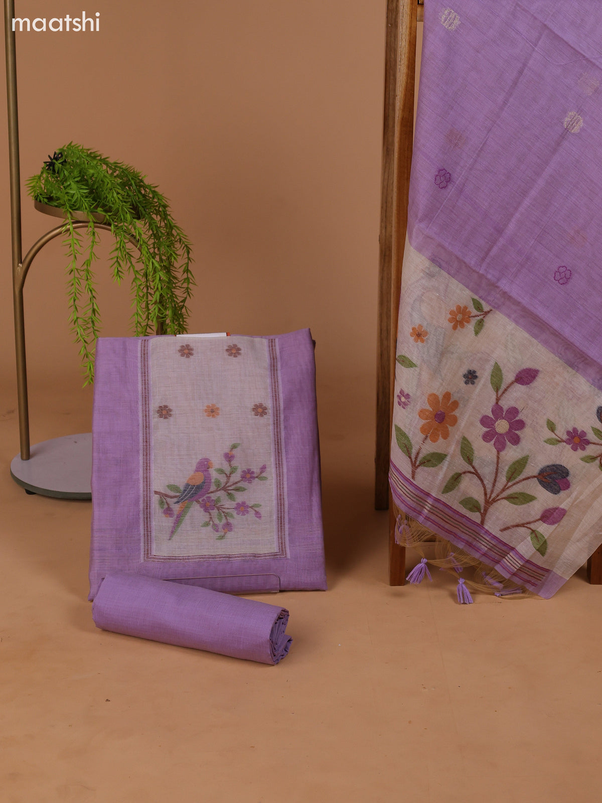 Lavender Munga Cotton Dress Material With Thread Weaves Neck Pattern and Bottom & Dupatta