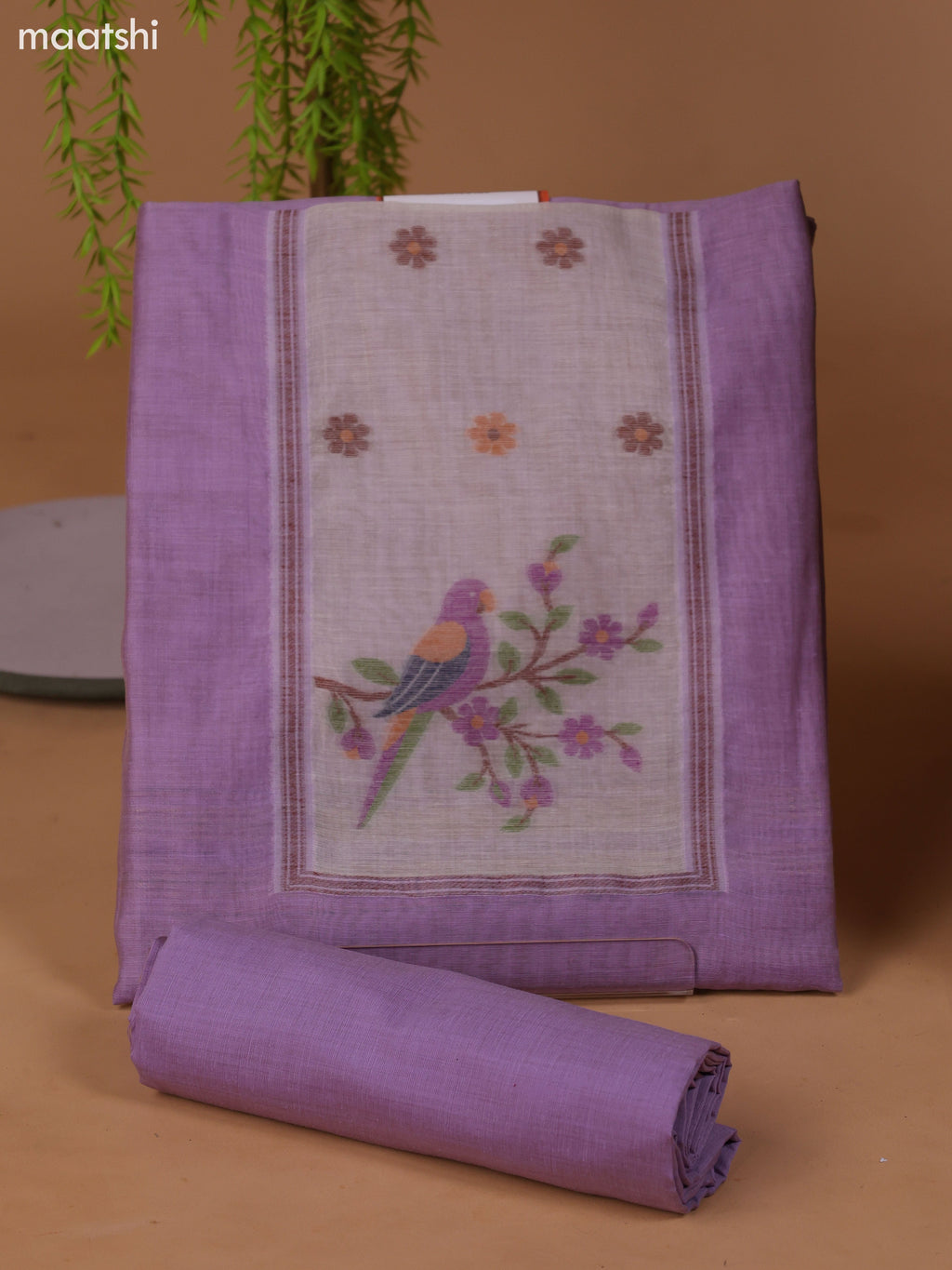 Lavender Munga Cotton Dress Material With Thread Weaves Neck Pattern and Bottom & Dupatta