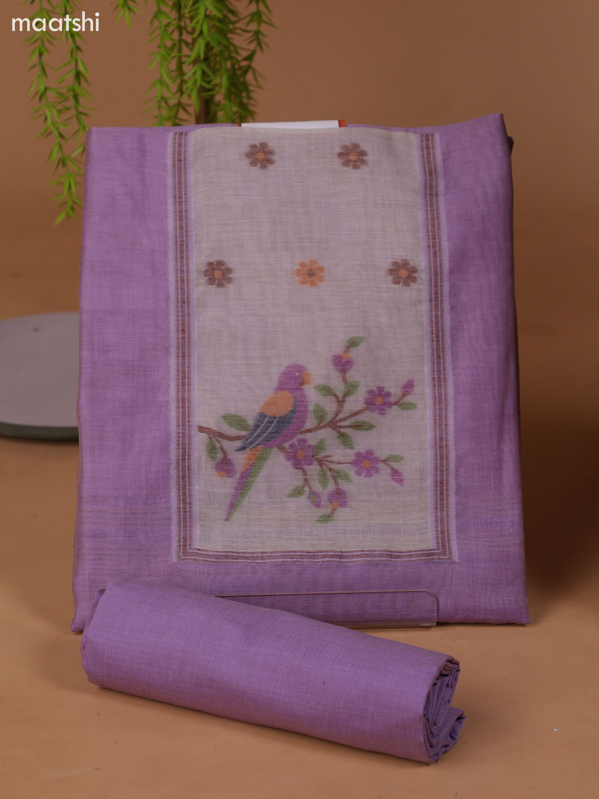 Lavender Munga Cotton Dress Material With Thread Weaves Neck Pattern and Bottom & Dupatta