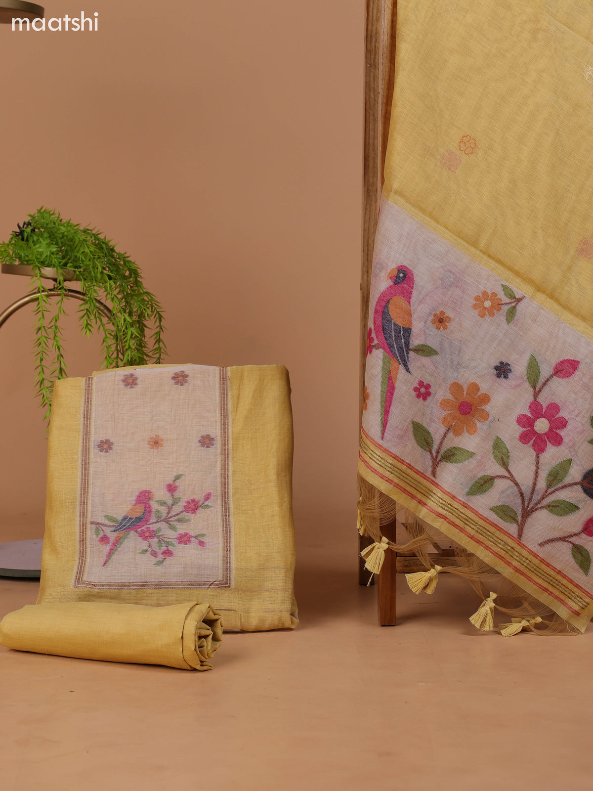 Pastel Yellow Munga Cotton Dress Material With Thread Weaves Neck Pattern and Bottom & Dupatta