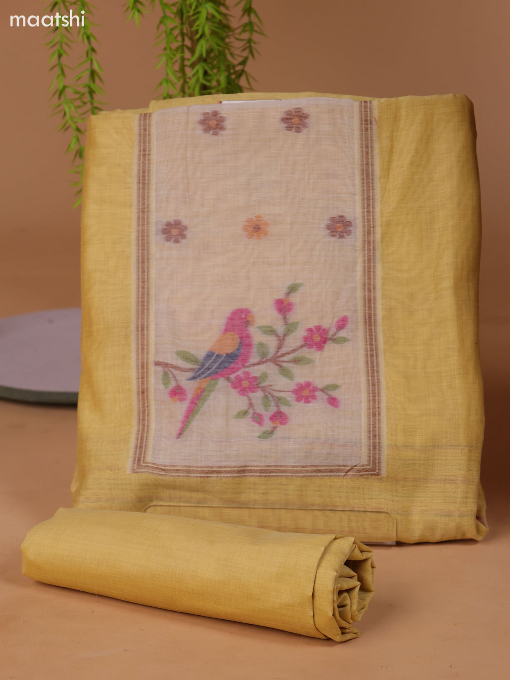 Pastel Yellow Munga Cotton Dress Material With Thread Weaves Neck Pattern and Bottom & Dupatta