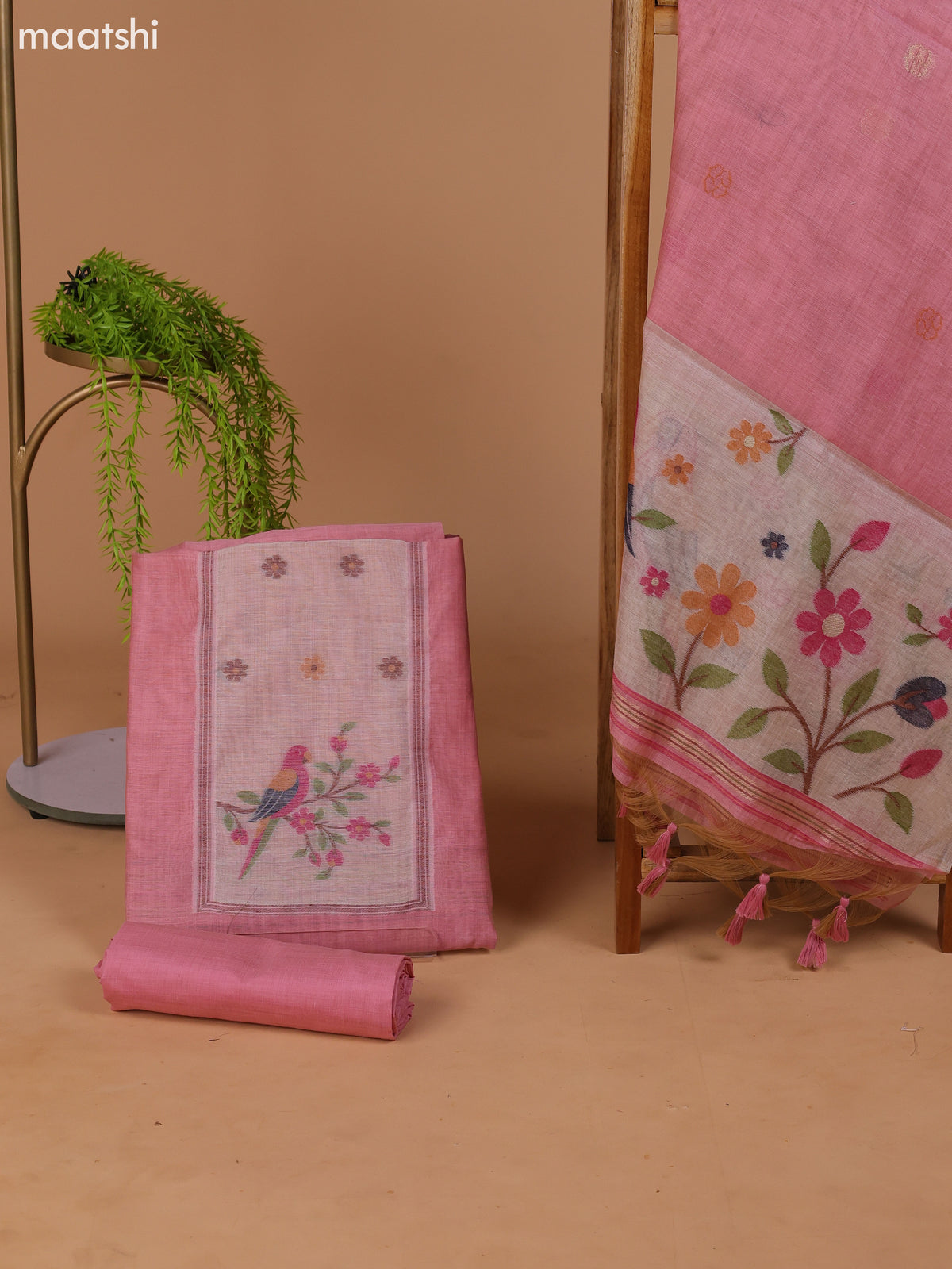 Pastel Pink Munga Cotton Dress Material With Thread Weaves Neck Pattern and Bottom & Dupatta